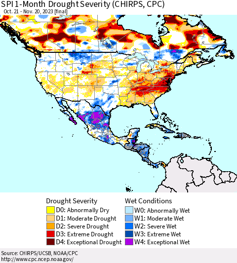 North America SPI 1-Month Drought Severity (CHIRPS) Thematic Map For 10/21/2023 - 11/20/2023