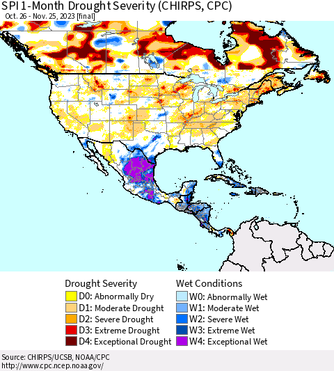 North America SPI 1-Month Drought Severity (CHIRPS) Thematic Map For 10/26/2023 - 11/25/2023