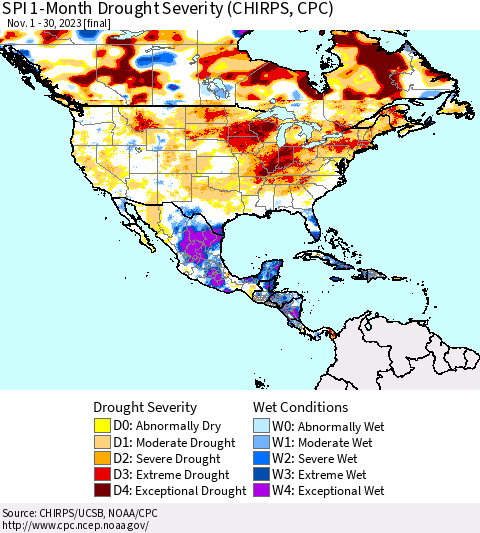 North America SPI 1-Month Drought Severity (CHIRPS) Thematic Map For 11/1/2023 - 11/30/2023