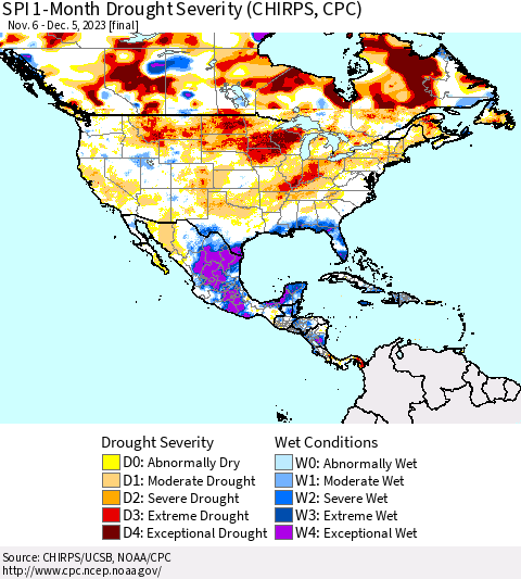 North America SPI 1-Month Drought Severity (CHIRPS) Thematic Map For 11/6/2023 - 12/5/2023