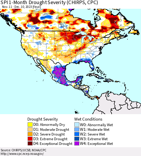 North America SPI 1-Month Drought Severity (CHIRPS) Thematic Map For 11/11/2023 - 12/10/2023