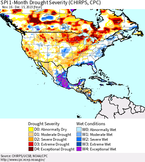 North America SPI 1-Month Drought Severity (CHIRPS) Thematic Map For 11/16/2023 - 12/15/2023