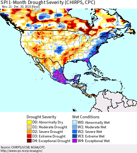 North America SPI 1-Month Drought Severity (CHIRPS) Thematic Map For 11/21/2023 - 12/20/2023