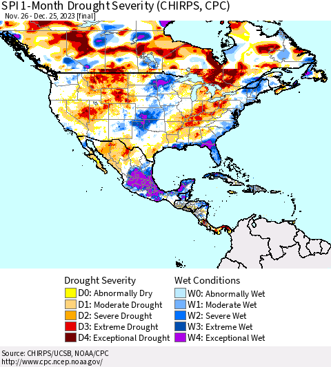 North America SPI 1-Month Drought Severity (CHIRPS) Thematic Map For 11/26/2023 - 12/25/2023