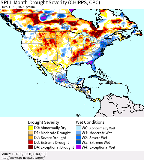 North America SPI 1-Month Drought Severity (CHIRPS) Thematic Map For 12/1/2023 - 12/31/2023