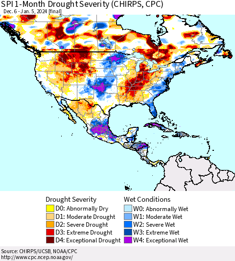 North America SPI 1-Month Drought Severity (CHIRPS) Thematic Map For 12/6/2023 - 1/5/2024