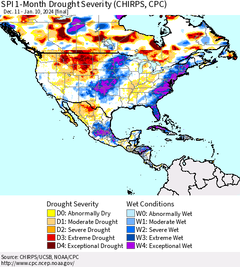 North America SPI 1-Month Drought Severity (CHIRPS) Thematic Map For 12/11/2023 - 1/10/2024