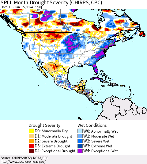 North America SPI 1-Month Drought Severity (CHIRPS) Thematic Map For 12/16/2023 - 1/15/2024