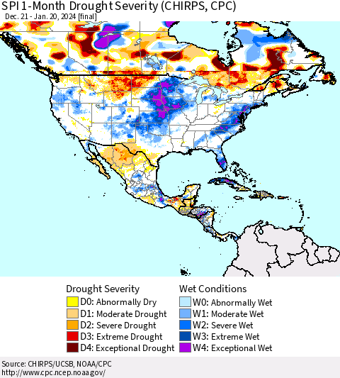North America SPI 1-Month Drought Severity (CHIRPS) Thematic Map For 12/21/2023 - 1/20/2024