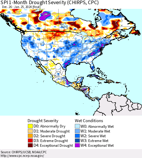 North America SPI 1-Month Drought Severity (CHIRPS) Thematic Map For 12/26/2023 - 1/25/2024