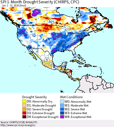 North America SPI 1-Month Drought Severity (CHIRPS) Thematic Map For 1/1/2024 - 1/31/2024