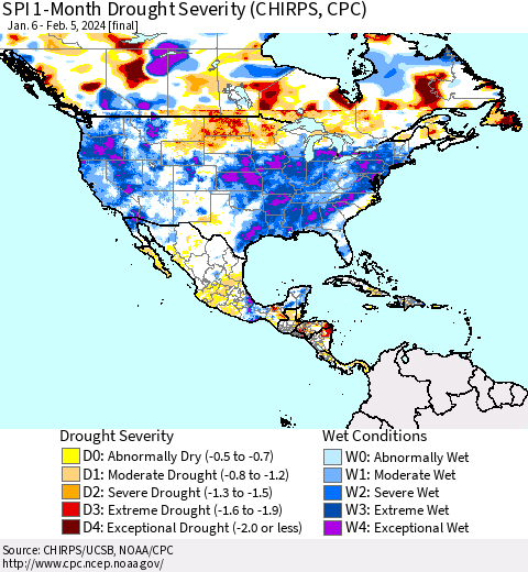 North America SPI 1-Month Drought Severity (CHIRPS) Thematic Map For 1/6/2024 - 2/5/2024