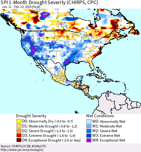 North America SPI 1-Month Drought Severity (CHIRPS) Thematic Map For 1/11/2024 - 2/10/2024