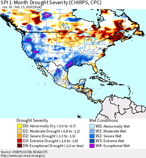 North America SPI 1-Month Drought Severity (CHIRPS) Thematic Map For 1/16/2024 - 2/15/2024