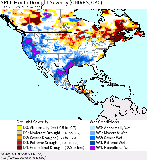 North America SPI 1-Month Drought Severity (CHIRPS) Thematic Map For 1/21/2024 - 2/20/2024