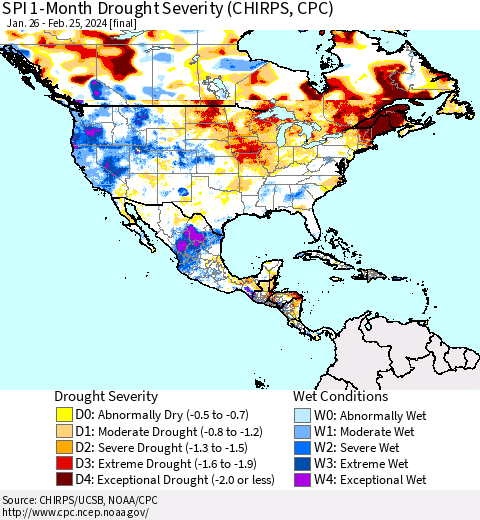 North America SPI 1-Month Drought Severity (CHIRPS) Thematic Map For 1/26/2024 - 2/25/2024
