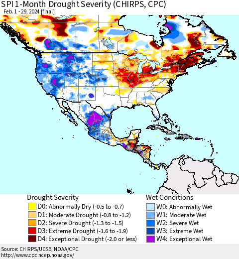 North America SPI 1-Month Drought Severity (CHIRPS) Thematic Map For 2/1/2024 - 2/29/2024