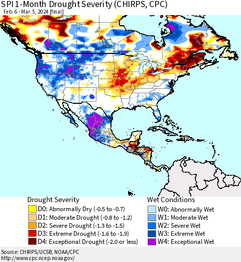 North America SPI 1-Month Drought Severity (CHIRPS) Thematic Map For 2/6/2024 - 3/5/2024