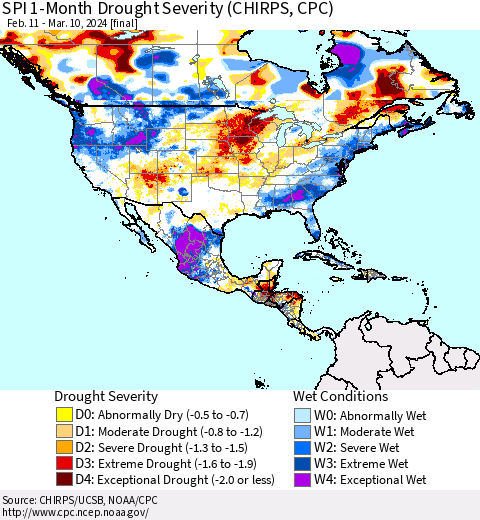 North America SPI 1-Month Drought Severity (CHIRPS) Thematic Map For 2/11/2024 - 3/10/2024