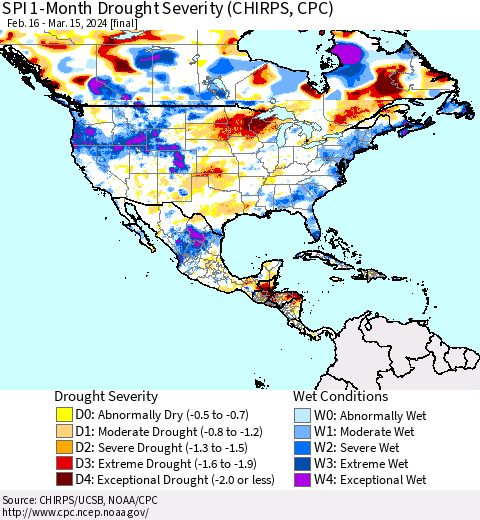 North America SPI 1-Month Drought Severity (CHIRPS) Thematic Map For 2/16/2024 - 3/15/2024