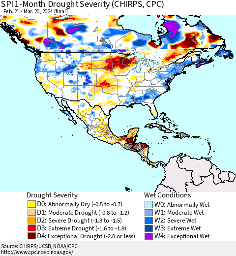 North America SPI 1-Month Drought Severity (CHIRPS) Thematic Map For 2/21/2024 - 3/20/2024