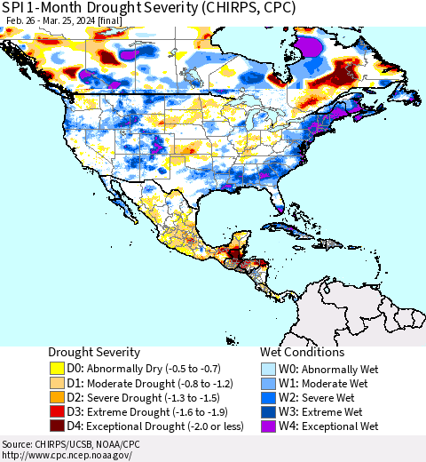 North America SPI 1-Month Drought Severity (CHIRPS) Thematic Map For 2/26/2024 - 3/25/2024