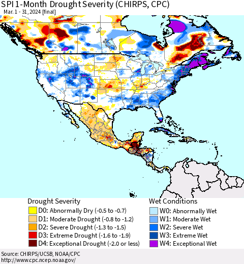 North America SPI 1-Month Drought Severity (CHIRPS) Thematic Map For 3/1/2024 - 3/31/2024