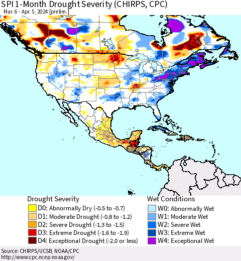 North America SPI 1-Month Drought Severity (CHIRPS) Thematic Map For 3/6/2024 - 4/5/2024