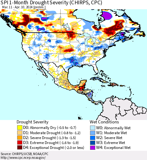 North America SPI 1-Month Drought Severity (CHIRPS) Thematic Map For 3/11/2024 - 4/10/2024
