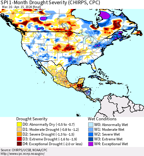 North America SPI 1-Month Drought Severity (CHIRPS) Thematic Map For 3/16/2024 - 4/15/2024