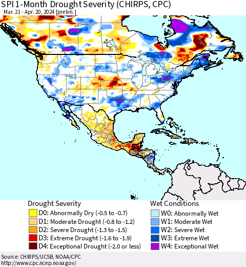North America SPI 1-Month Drought Severity (CHIRPS) Thematic Map For 3/21/2024 - 4/20/2024