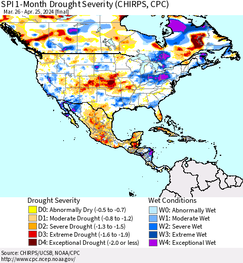 North America SPI 1-Month Drought Severity (CHIRPS) Thematic Map For 3/26/2024 - 4/25/2024