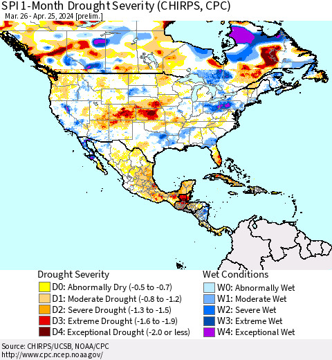 North America SPI 1-Month Drought Severity (CHIRPS) Thematic Map For 3/26/2024 - 4/25/2024