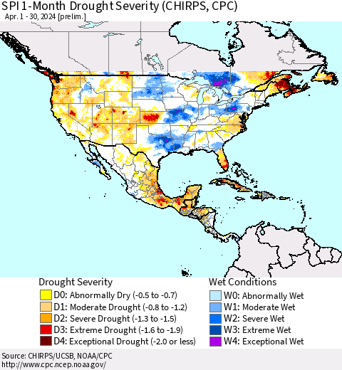 North America SPI 1-Month Drought Severity (CHIRPS) Thematic Map For 4/1/2024 - 4/30/2024