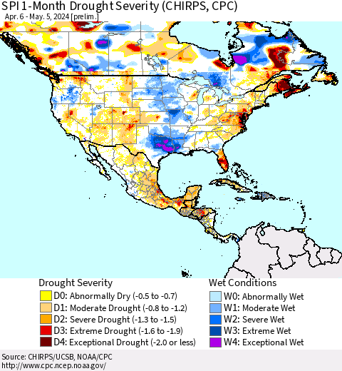 North America SPI 1-Month Drought Severity (CHIRPS) Thematic Map For 4/6/2024 - 5/5/2024