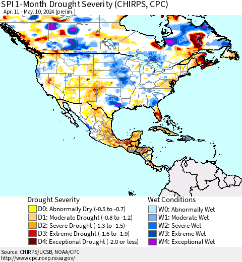 North America SPI 1-Month Drought Severity (CHIRPS) Thematic Map For 4/11/2024 - 5/10/2024