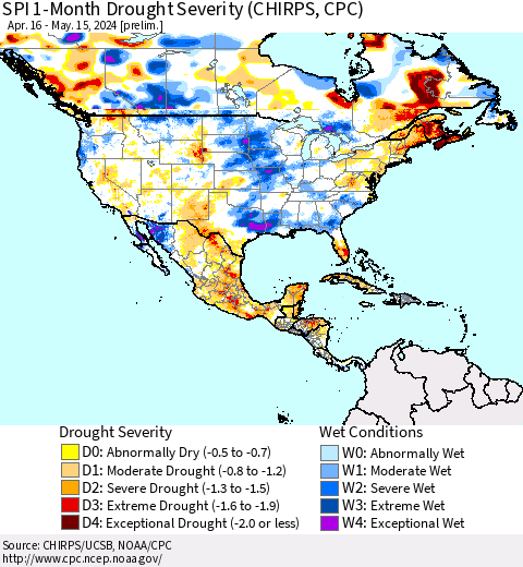 North America SPI 1-Month Drought Severity (CHIRPS) Thematic Map For 4/16/2024 - 5/15/2024