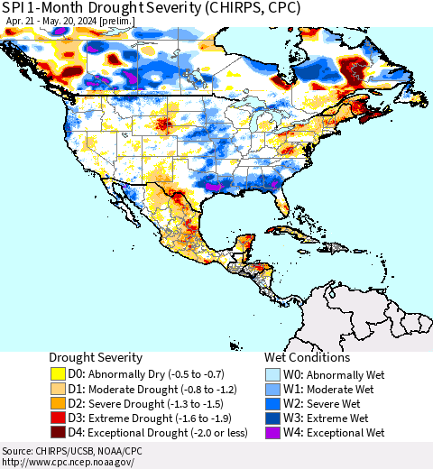 North America SPI 1-Month Drought Severity (CHIRPS) Thematic Map For 4/21/2024 - 5/20/2024