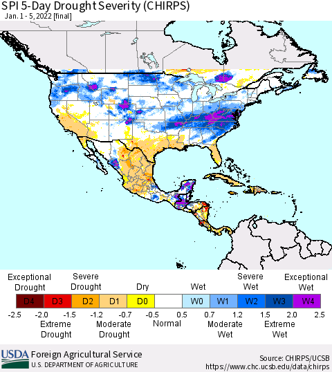 North America SPI 5-Day Drought Severity (CHIRPS) Thematic Map For 1/1/2022 - 1/5/2022