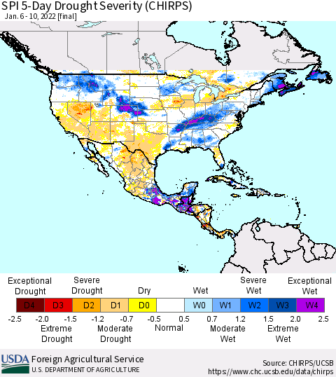 North America SPI 5-Day Drought Severity (CHIRPS) Thematic Map For 1/6/2022 - 1/10/2022