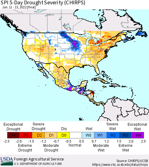 North America SPI 5-Day Drought Severity (CHIRPS) Thematic Map For 1/11/2022 - 1/15/2022