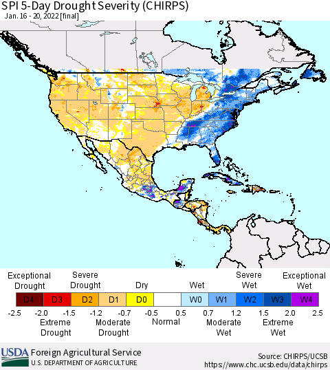 North America SPI 5-Day Drought Severity (CHIRPS) Thematic Map For 1/16/2022 - 1/20/2022
