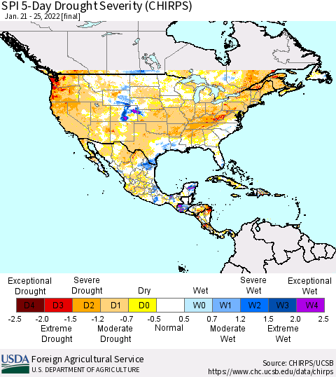 North America SPI 5-Day Drought Severity (CHIRPS) Thematic Map For 1/21/2022 - 1/25/2022