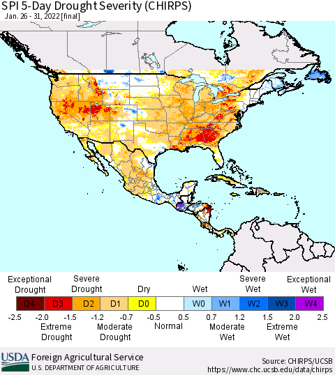 North America SPI 5-Day Drought Severity (CHIRPS) Thematic Map For 1/26/2022 - 1/31/2022
