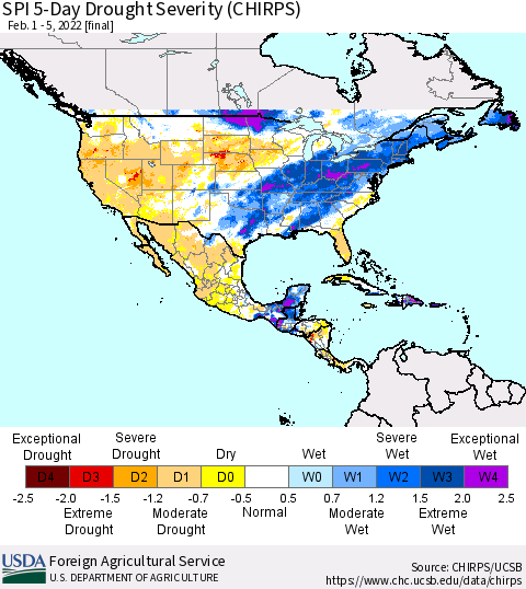 North America SPI 5-Day Drought Severity (CHIRPS) Thematic Map For 2/1/2022 - 2/5/2022