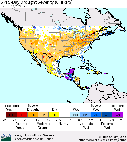 North America SPI 5-Day Drought Severity (CHIRPS) Thematic Map For 2/6/2022 - 2/10/2022