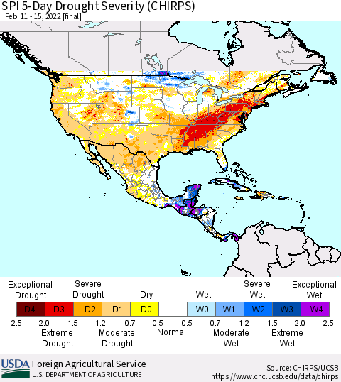 North America SPI 5-Day Drought Severity (CHIRPS) Thematic Map For 2/11/2022 - 2/15/2022