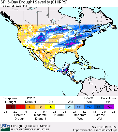 North America SPI 5-Day Drought Severity (CHIRPS) Thematic Map For 2/21/2022 - 2/25/2022