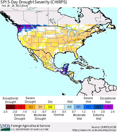 North America SPI 5-Day Drought Severity (CHIRPS) Thematic Map For 2/26/2022 - 2/28/2022