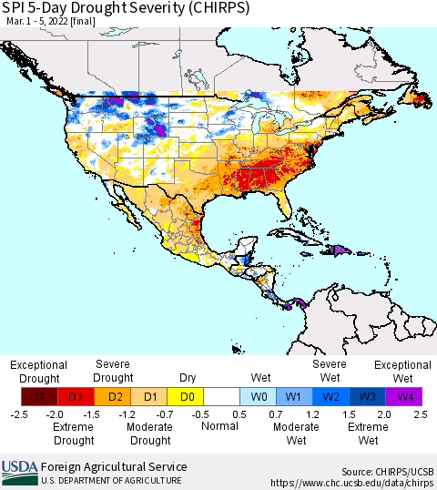North America SPI 5-Day Drought Severity (CHIRPS) Thematic Map For 3/1/2022 - 3/5/2022